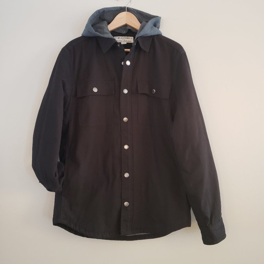 BC CLOTHING Snap Front Shirt Jacket Black Grey Sherpa Hooded Relaxed Fit…